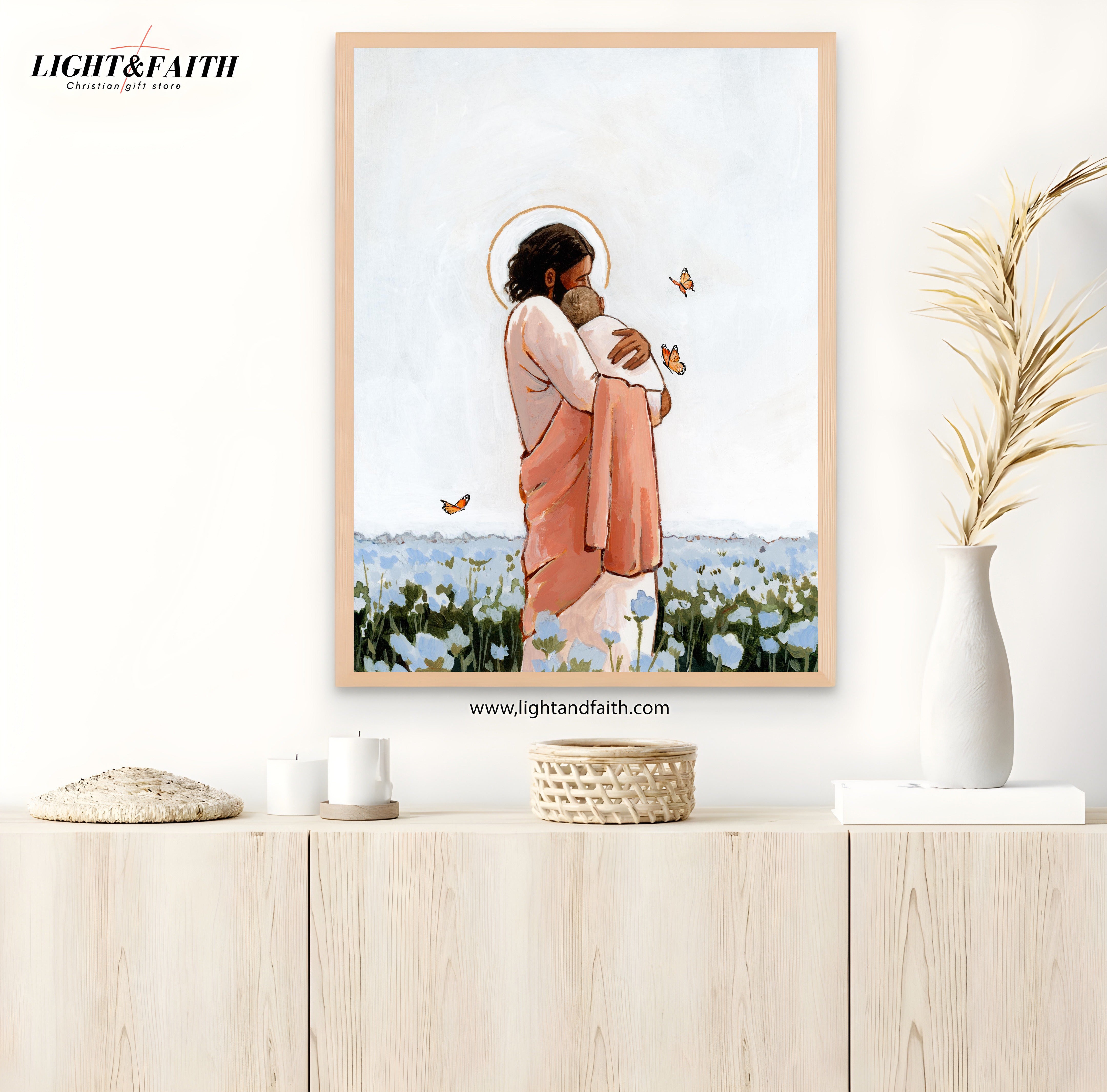 Among The Forget Me Nots Poster, Jesus Holding Angel Baby Print Art, Childloss Art, Miscarriage Art, Pregnancy & Infant Loss Artwork, Jesus With Baby